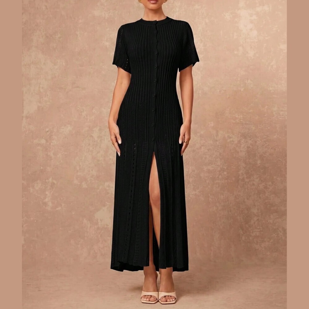 Black Ribbed Knit Button Front Round Neck Maxi Sweater Dress